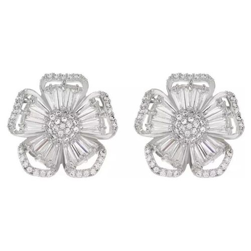 Aretes Flor Pensamiento Cristal Oro 14k Laminado Blanco