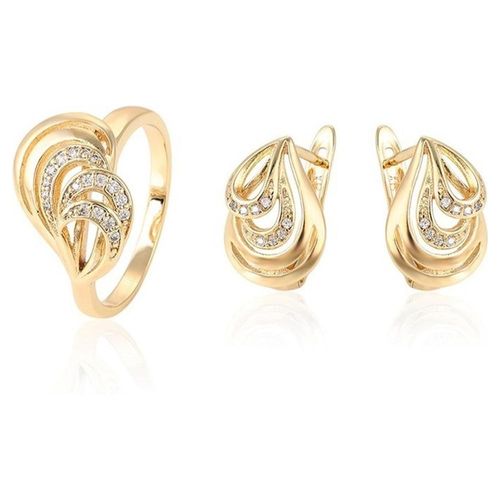 Aretes Y Anillo Gota Cristal Diamante Oro 14k Laminado Talla 8