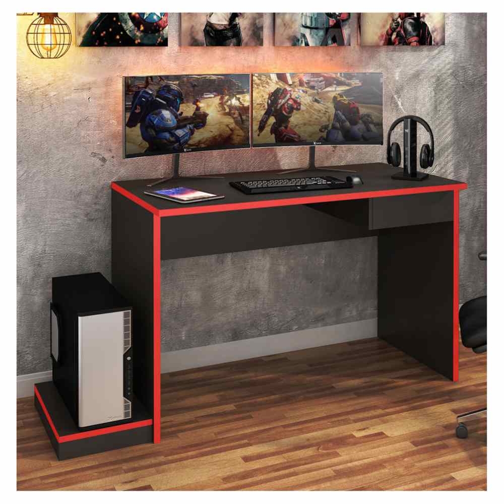 Escritorio Gamer Con Base Para PC y Cajón Color Negro Rojo