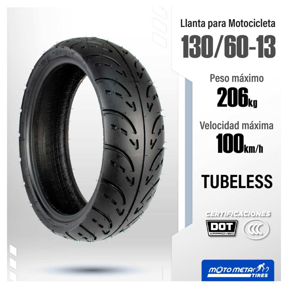 Llanta 130 60 13 para moto tubeless 53J 4PR P284 Motometa