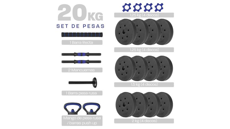 Set Mancuernas Altera Barra Ajustable 20kg Pesa Rusa Discos (Azul)