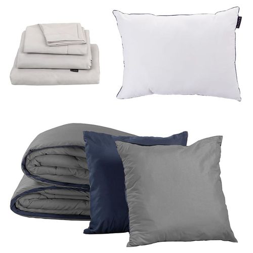 Set Edredón Individual Couzy Azul M-Gris + Sábanas + Almohada One CZD