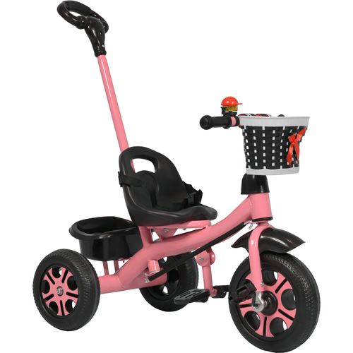 Triciclo Infantil Niños 2 En 1 Barra Empuje Cajuela Canasta Rosa