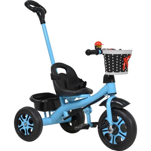 Triciclo Infantil Niños 2 En 1 Barra Empuje Cajuela Canasta Azul