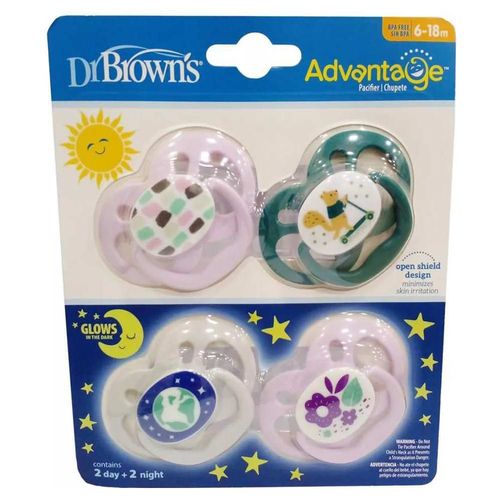 Chupón Dr Browns Advantage Day Night 6-18m 4pz Lila Verde Blanco