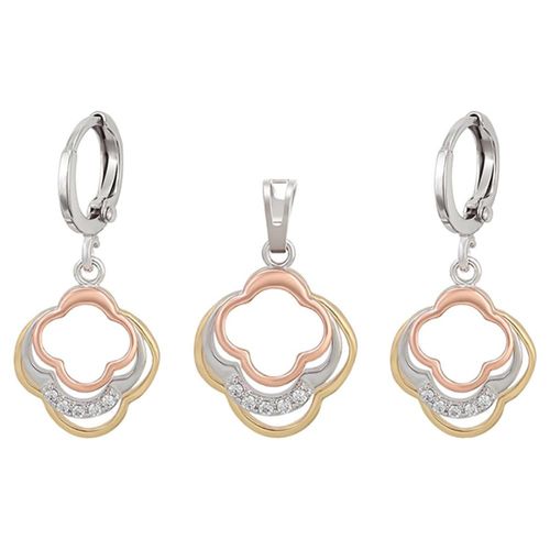Set Collar y Aretes Colgantes Flor Cristales Oro 14K Laminado Blanco