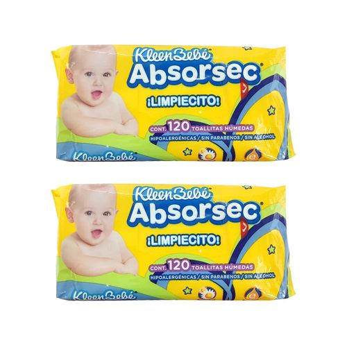 TOALLITAS KLEEN BEBE ABSORSEC DOS PAQ CON 120 PZS C/U TOALLITAS LIMPIA