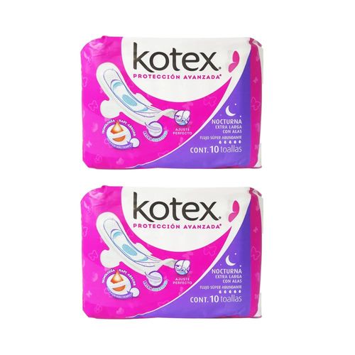 KOTEX NOCTURNA CON ALAS DOS PAQ CON 10 TOALLAS C/U TOALLAS SANITARIAS