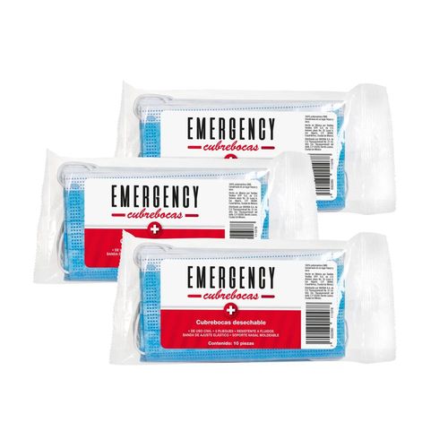 EMERGENCY 3 PAQ. DE 10 PZS CUBREBOCAS DE 3 CAPAS CON AJUSTE NASAL Paqu