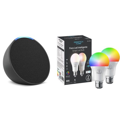 Kit Alexa Echo Pop Negro + Foco Led Inteligente 9w Certificado (2 Pk)