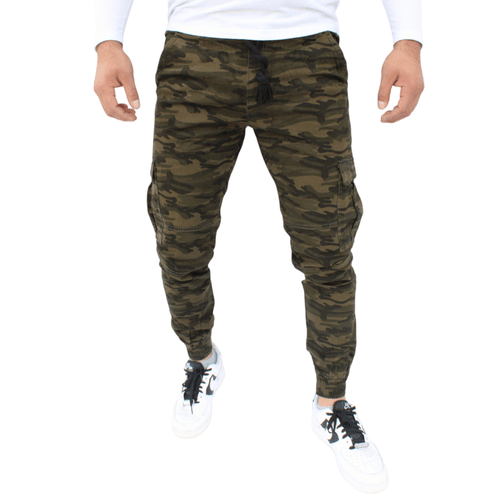 Jogger cargo de gabardina stretch con estampado de camuflaje verde