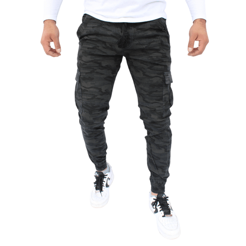 Jogger cargo de bagardina stretch con estampado de camuflaje gris