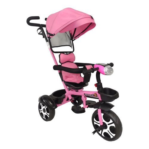 Triciclo Evolutivo para Niños Asiento Giratorio 360 Luz Capota Rosa