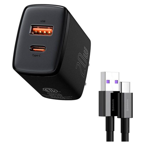 Combo Cargador Baseus 20W USB C + USB con Cable USB a Tipo C 1m