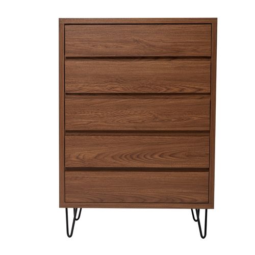 Cajonera Color Nogal de 5 Cajones con Patas de Metal Negras y Estructura de Madera Industrial