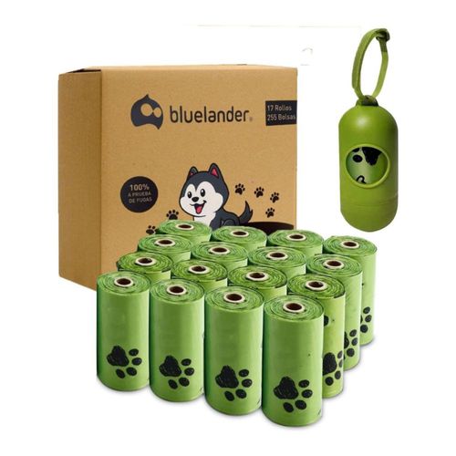 Bolsas Biodegradables para Excrementos de Perro Bluelander 255 Bolsas a Prueba de Fugas con Dispensador y Clip para Correa de Regalo