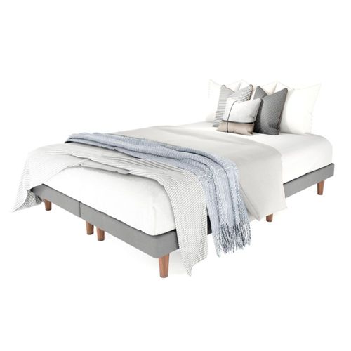 Base Cama Box Praga Individual Madera Tapiz Lino Gris