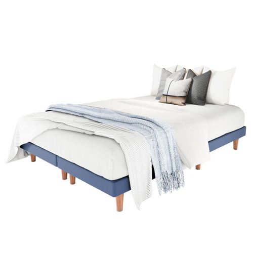 Base Cama Box Praga King Size Madera Tapiz Lino Azul