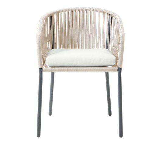 Silla de Exterior Beige con Asiento Acolchado de Hule Espuma. Estructura de Aluminio y Cuerda Sintética