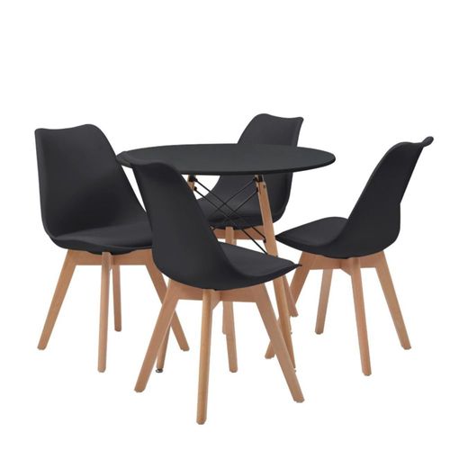 Comedor Completo Negro con Mesa Redonda y 4 Sillas con Asiento de Vinipiel y Patas de Madera