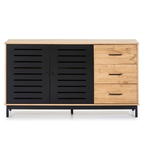 Aparador de Cocina Negro y Madera con 3 Cajones y 2 Puertas con Estructura de Madera