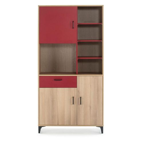 Alacena Rojo y Madera con 3 Puertas, 1 Cajón y 5 Entrepaños con Estructura de Madera Industrial