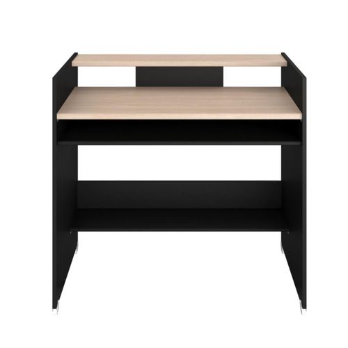 Escritorio Rectangular Color Negro y Madera con 2 Entrepaños y 2 Repisas Estructura de Madera Procesada