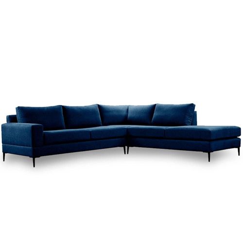 Sofá Escuadra Derecha con Tapizado Color Azul Noche. Estructura de Madera Sólida y Patas de Acero