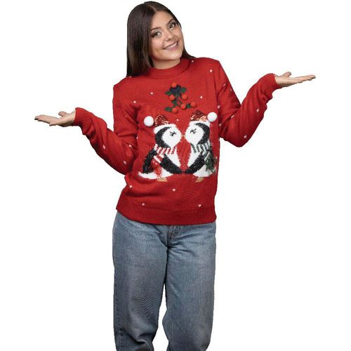 Suéter Pingüinos Divertido para Mujer REV Ugly Sweater Rojo Talla Adulto Ideal Fiestas de Navidad