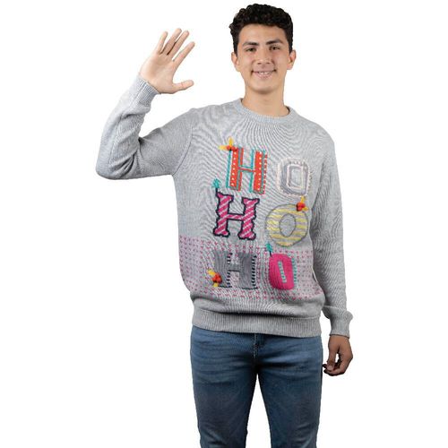 Suéter Ho Ho Ho REV Suéter Divertido para Hombre, Ugly Sweater Gris Talla Adulto Ideal Fiestas de Navidad