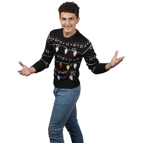 Suéter Focos Navideños REV Suéter Divertido para Hombre, Ugly Swater Negro Talla Adulto Ideal Fiestas de Navidad