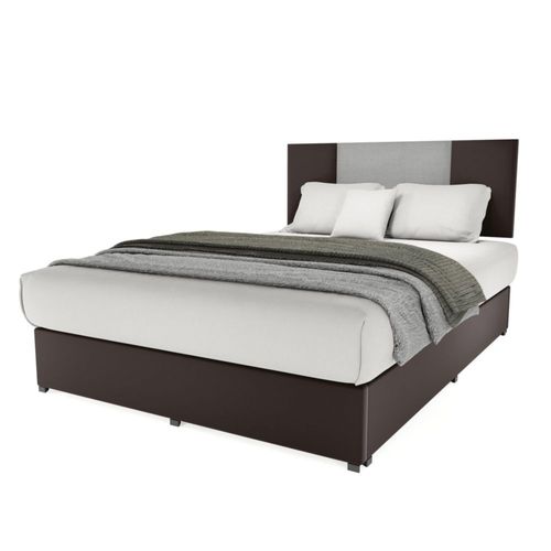 Cama Recamara Base y Cabecera Magna Roma Matrimonial Madera Tapiz Lino Gris y Tacto Piel Chocolate