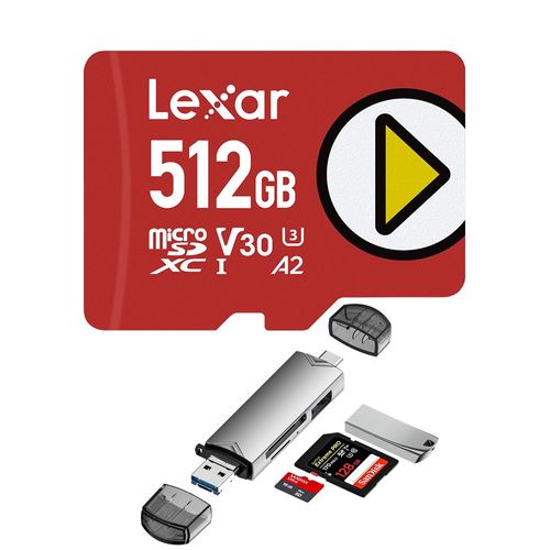 Lexar® PLAY microSDXC UHS-I tarjeta, 512gb, con regalo, Clase 10, U3, V30, A2, video Full-HD y 4K, con velocidades de hasta 160 MB/s de lectura