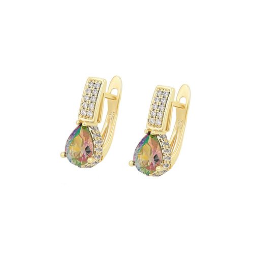 Aretes Gota Con Topacio Fuego y Cristales Oro 14K Laminado Dorado