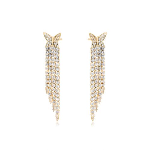 Aretes Mariposa Largos Fiesta Cristales Oro 14K Laminado Dorado