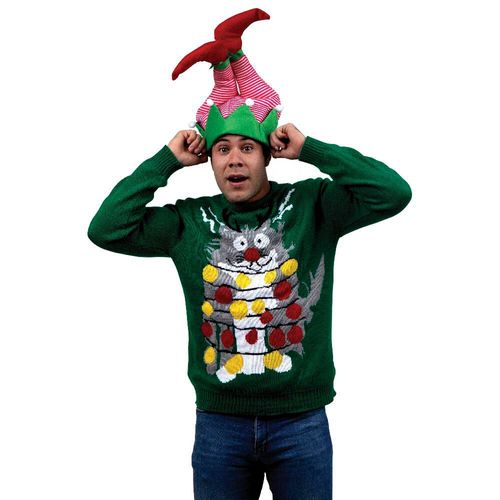 Suéter Gato Enredado Divertido para Hombre REV Ugly Sweater Verde Talla Adulto Ideal Fiestas de Navidad