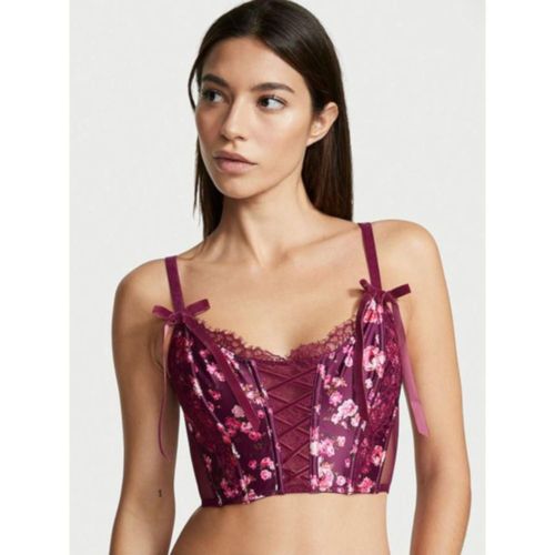 Victoria's Secret Corset Floral Vino de Encaje y Malla Transparente Talla S-DD (32)